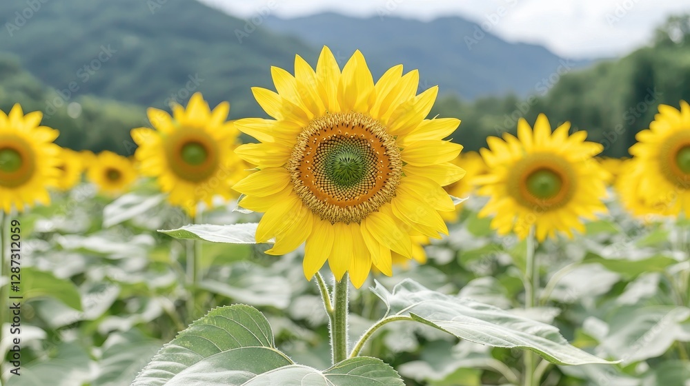 Sunflowers blooming in mountain field, summer Sunflowers blooming in mountain field, summer