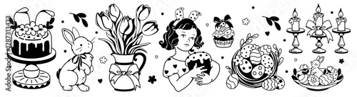 Traditional Easter monochrome graphic. Vintage vector isolated elements. Easter bakery, girl with cake, coquette spring bunny with bow tie, tulips, candles. Nostalgic cottage holiday decor