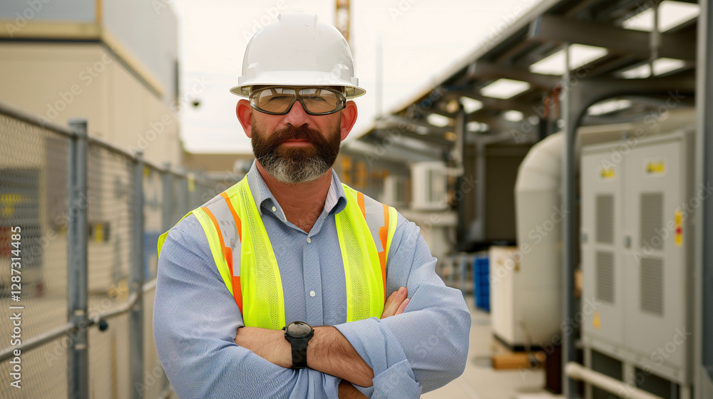 Experienced construction engineer wearing a hard hat and safety vest at an industrial site Experienced construction engineer wearing a hard hat and safety vest at an industrial site