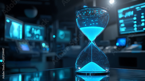 Glowing Blue Hourglass in Futuristic Medical Setting