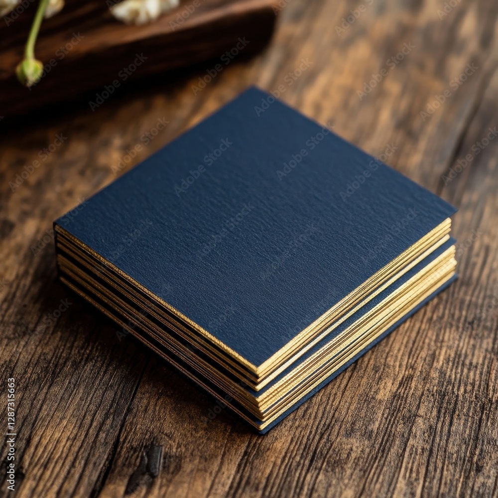 Elegant Business Cards with Gold Foil Stamping Deep Navy Color Stylish Design Rustic Setting Close-Up Professional Identity Elegant Business Cards with Gold Foil Stamping Deep Navy Color Stylish Design Rustic Setting Close-Up Professional Identity