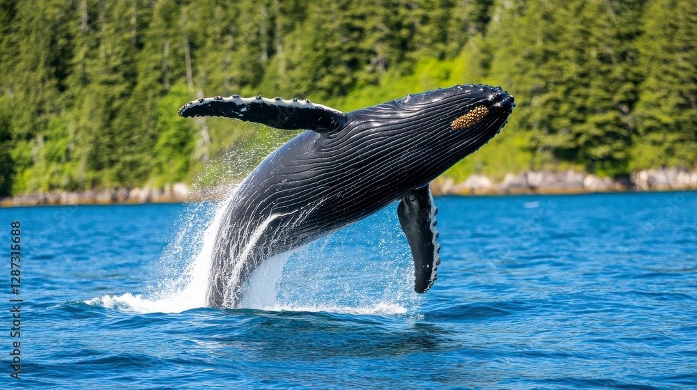 Obraz premium Majestic Humpback Whale Breaching Above Vibrant Ocean Surface