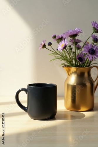 Wallpaper Mural Sunlit morning tranquility a dark mug rests beside a golden pitcher filled with delicate purple flowers, bathed in soft light on a light wood surface Torontodigital.ca