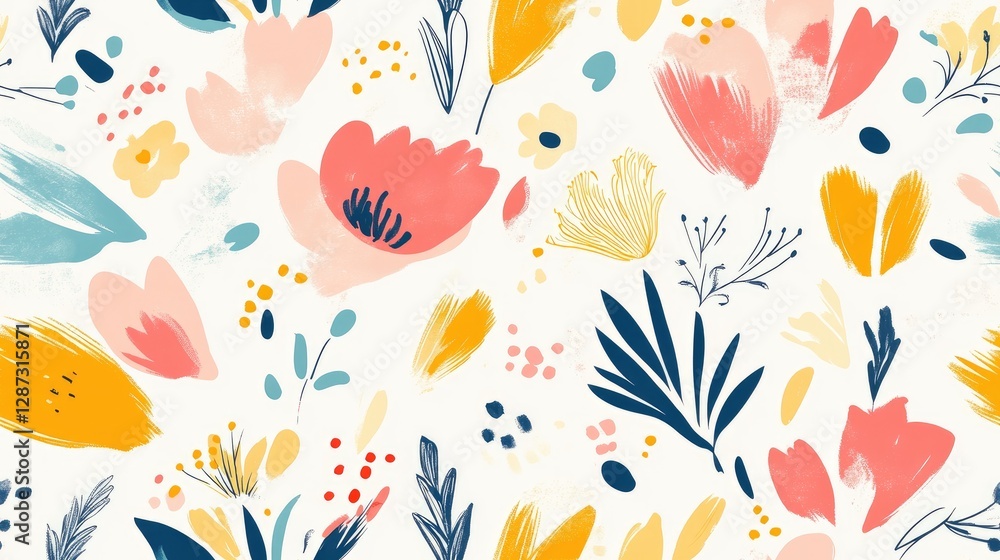 This lively floral pattern features a mix of colorful flowers and leaves, perfect for use in textiles, wallpaper, and seasonal decorations This lively floral pattern features a mix of colorful flowers and leaves, perfect for use in textiles, wallpaper, and seasonal decorations