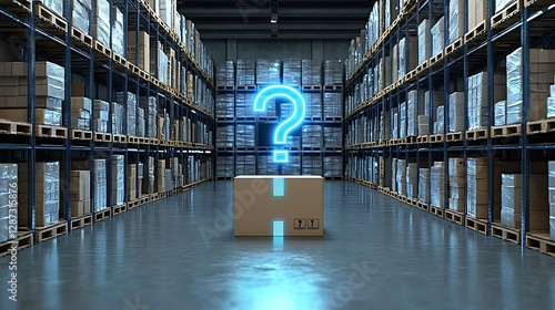 Glowing Blue Question Mark Above Cardboard Box in Warehouse