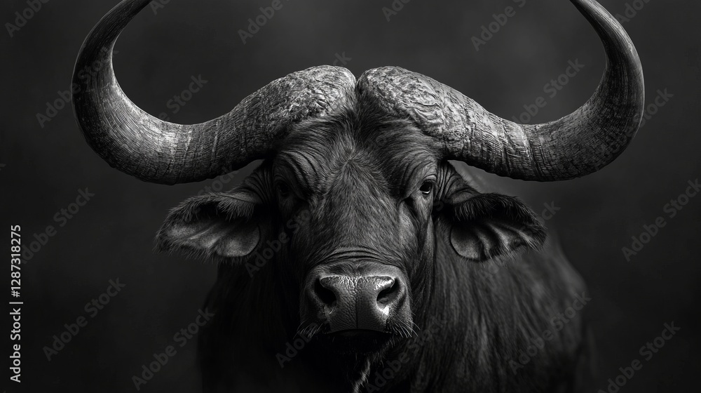 Naklejka premium Monochrome Closeup Of A Majestic Cape Buffalo. Wildlife Portrait With Striking Details.