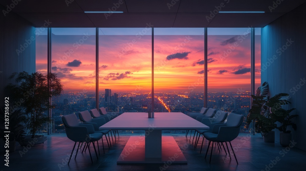 Fototapeta premium Modern conference room with a stunning city sunset view