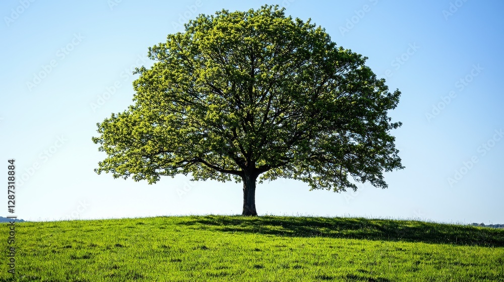 Solitary lush green tree on gentle hill under clear blue sky in vibrant natural landscape Solitary lush green tree on gentle hill under clear blue sky in vibrant natural landscape