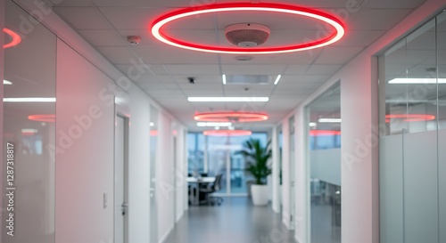 Modern ceiling mounted smoke detector in a bright office hallway during daytime
