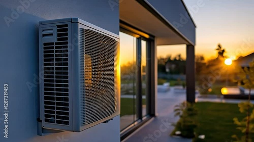 Modern home AC unit at sunset, patio, backyard