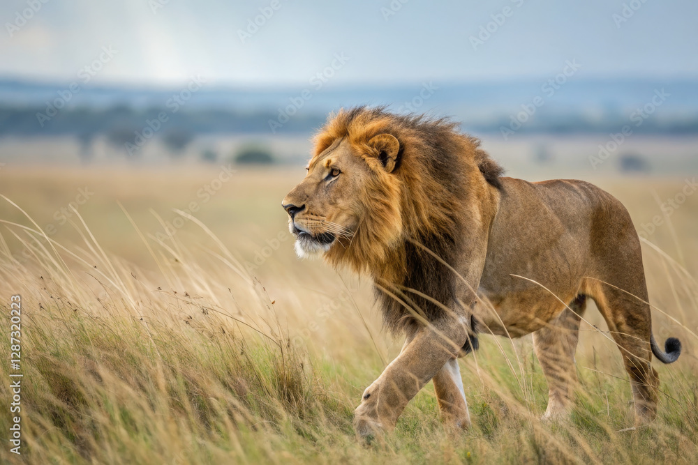 Majestic lion walking through tall grass in serene landscape Majestic lion walking through tall grass in serene landscape