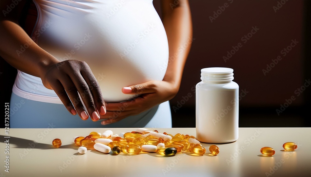 Obraz premium A close-up image of supplements alongside a white bottle. A pregnant woman takes daily essentials.