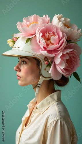 Vintage helmet with large peonies in soft pastel hues, feminine, botanical, delicate