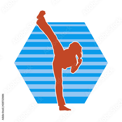 Silhouette of a slim female doing martial art pose. Silhouette of a martial art woman in action pose.