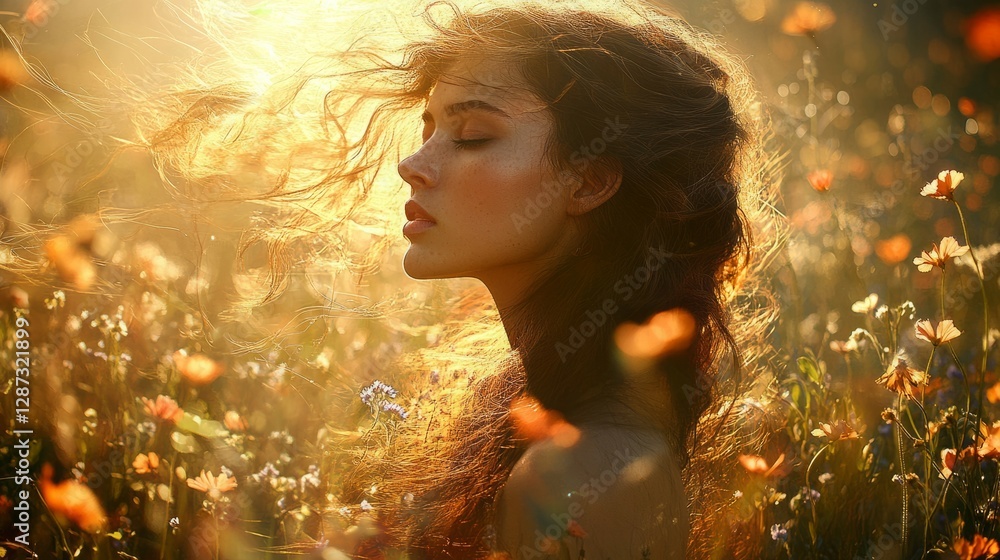 Fototapeta premium Golden hour beauty in a field of wildflowers. Serene woman with flowing hair.