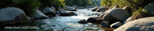 Rocky riverbank with water flowing over rocks, natural, landscape