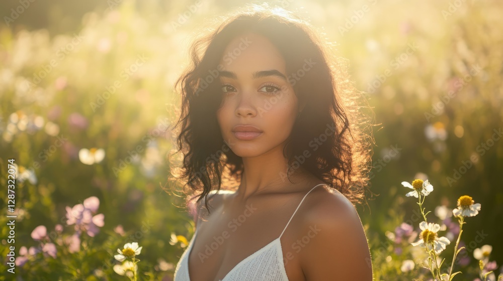 Young woman with curly hair basking in golden sunlight amongst wildflowers. Young woman with curly hair basking in golden sunlight amongst wildflowers.