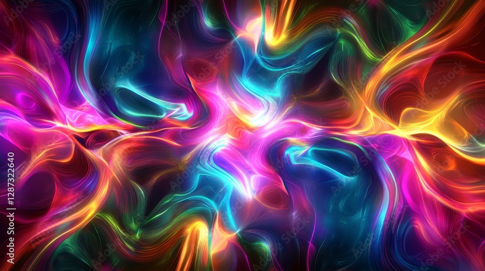 Fototapeta premium Futuristic neon metaverse digital background with psychedelic holographic cyber elements, featuring abstract glowing lights and high-tech virtual reality aesthetics in a sci-fi cyberspace concept