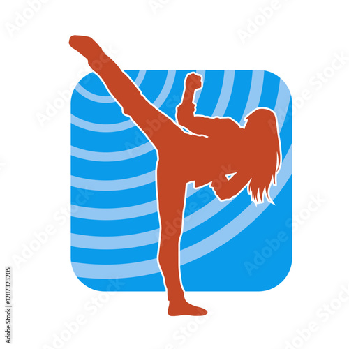 Silhouette of a slim female doing martial art pose. Silhouette of a martial art woman in action pose.