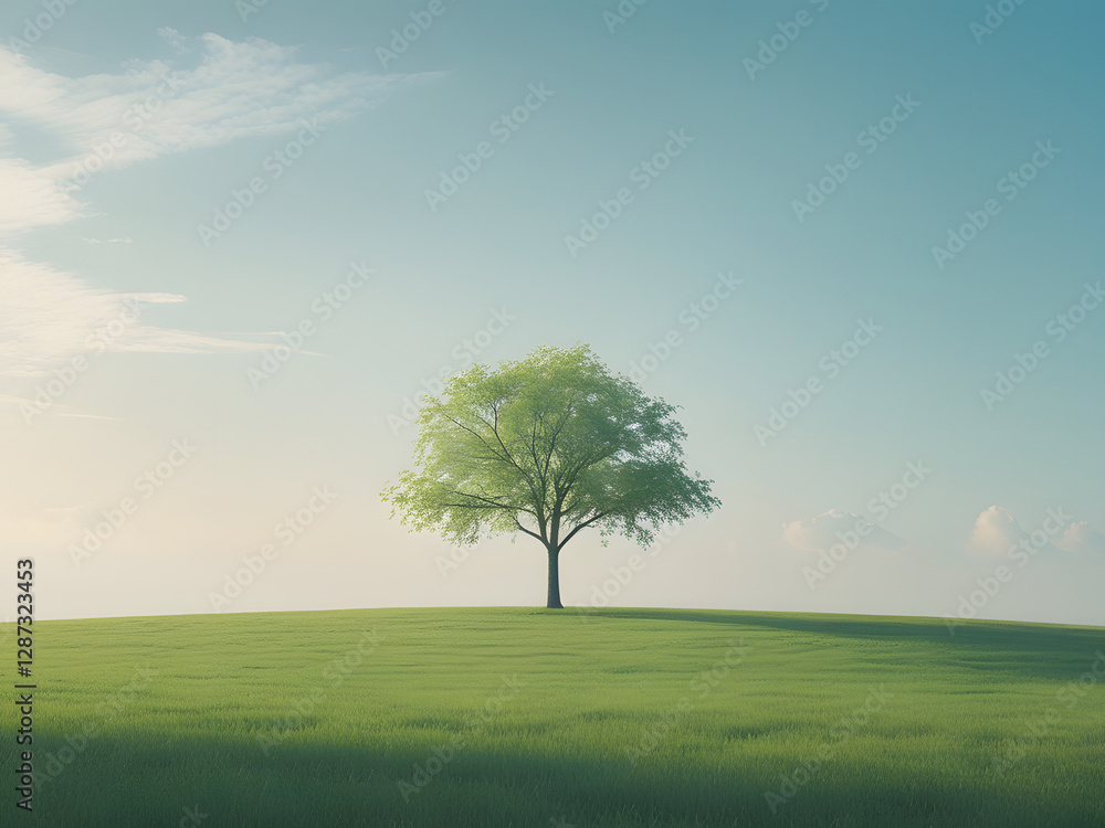 lonely tree in a vast open green field minimalist concept lonely tree in a vast open green field minimalist concept