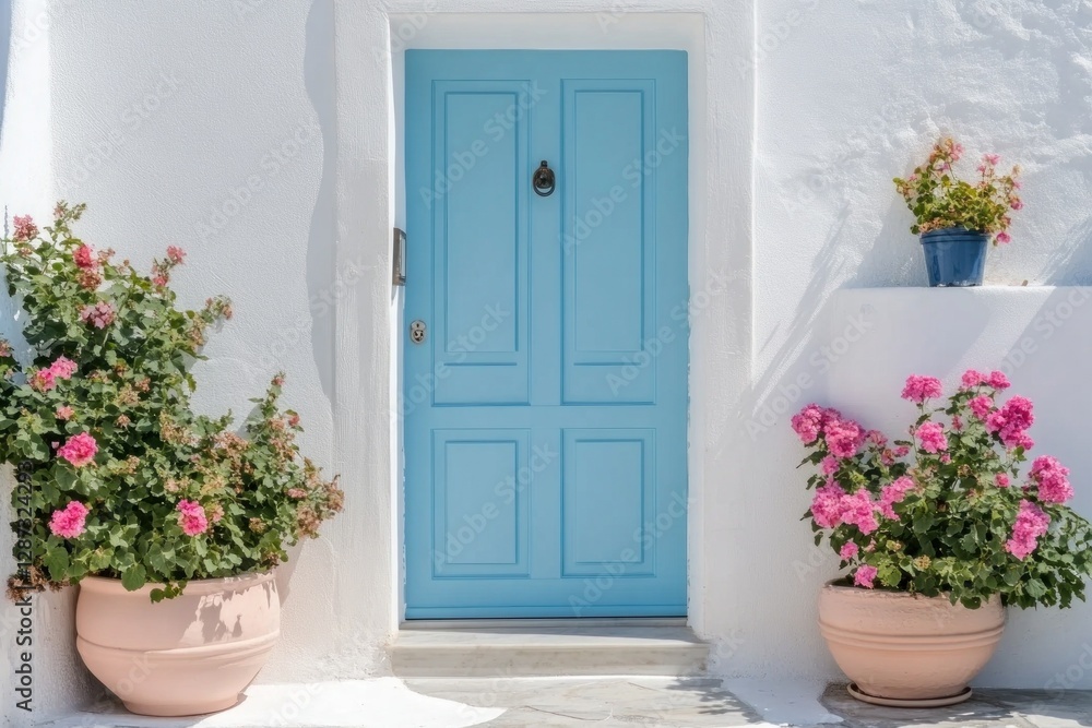 Naklejka premium A cheerful blue door stands at the entrance of a white-walled house, surrounded by vibrant pink flowers and potted plants in a sunny courtyard