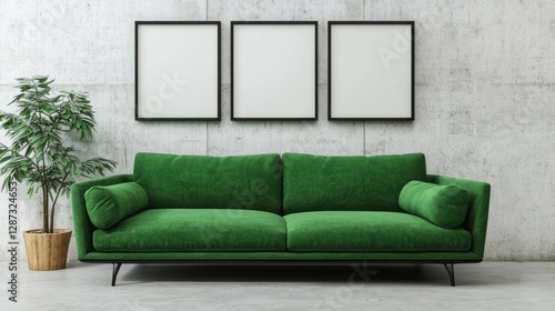 Green sofa and plant against concrete wall with three frames