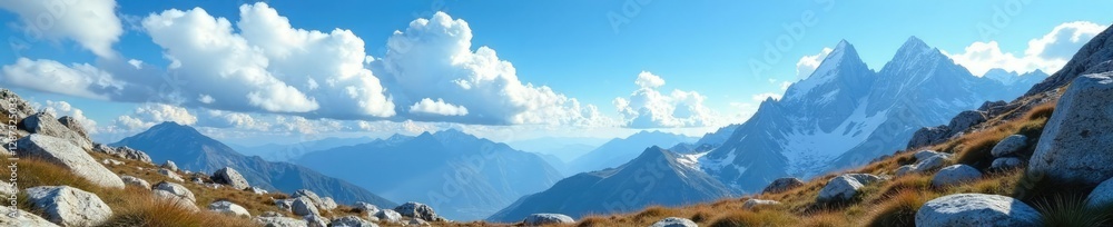 Rocky peaks touch the sky under a bright blue cloudless sky, wilderness, mountains, clouds Rocky peaks touch the sky under a bright blue cloudless sky, wilderness, mountains, clouds