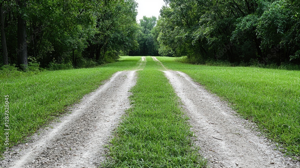 Grassy path leading through lush green forest Grassy path leading through lush green forest