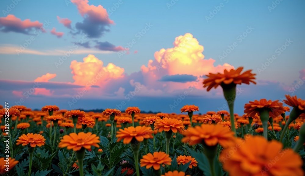 A captivating twilight scene unfolds across a field of vibrant orange marigold flowers, their petals aglow in the soft, fading light. A captivating twilight scene unfolds across a field of vibrant orange marigold flowers, their petals aglow in the soft, fading light.