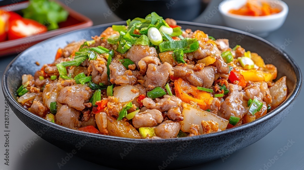 Vibrant bowl of stir-fried meat and colorful vegetables garnished with green onions on a dark surface Vibrant bowl of stir-fried meat and colorful vegetables garnished with green onions on a dark surface