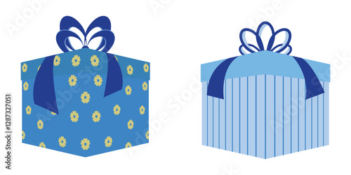 Blue Gift Box With Ribbon Bow Decorated With Floral And Stripe Pattern
