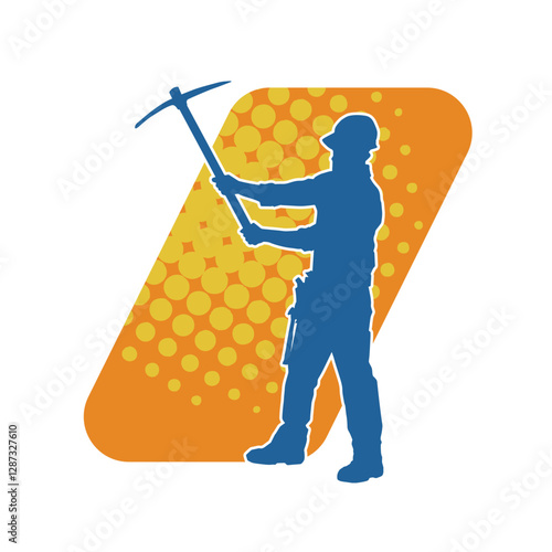 Silhouette of a man in worker costume carrying pick axe tool in action pose. Silhouette of a miner in action pose with pick axe tool.