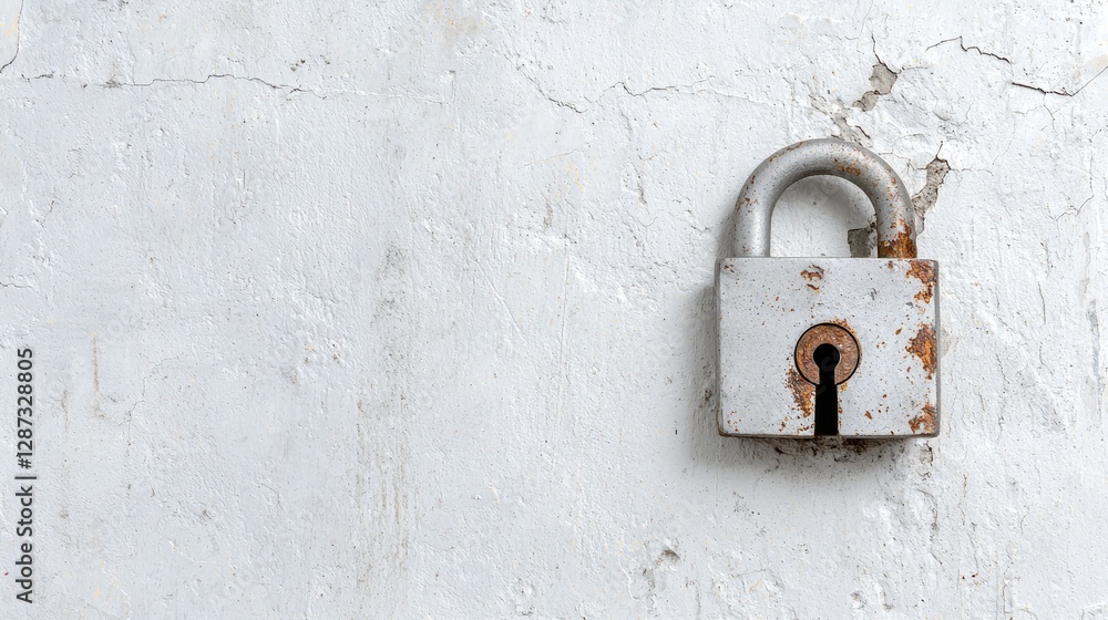 Rusty padlock on weathered wall, security concept Rusty padlock on weathered wall, security concept