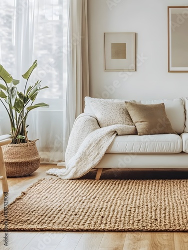 Serene living room interior with white sofa plant and natural textures creating a cozy vibe