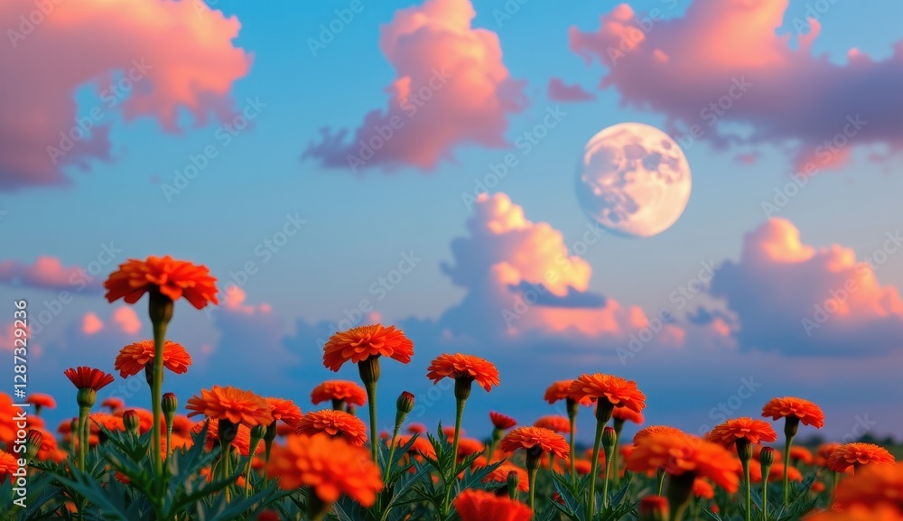 A captivating twilight scene unfolds across a field of vibrant orange marigold flowers, their petals aglow in the soft, fading light. A captivating twilight scene unfolds across a field of vibrant orange marigold flowers, their petals aglow in the soft, fading light.