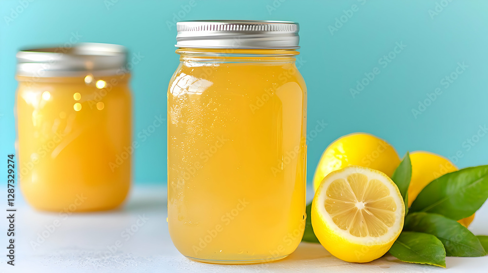 Homemade lemonade jars, lemons, leaves, teal background, healthy drink recipe Homemade lemonade jars, lemons, leaves, teal background, healthy drink recipe