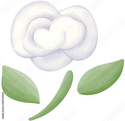 Illustration of a small white rose blooming.