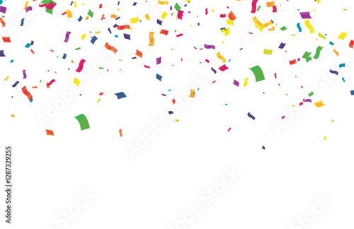 Vector serpentine, abstract background with many falling tiny colorful confetti pieces and ribbon. Carnival, Christmas or New Year decoration colorful party pennants for birthday