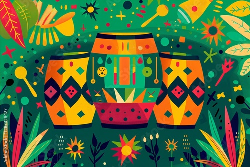 Colorful folk art pattern with traditional lanterns and floral motifs on green background. Mexican fiesta design elements for party decoration and greeting cards