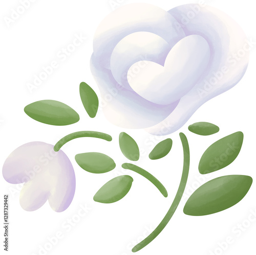 Illustration of a small white rose blooming.