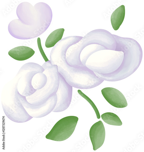 Illustration of a small white rose blooming.