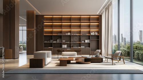 Wallpaper Mural A contemporary open-concept study lounge, minimalist wooden elements, natural light reflecting on polished surfaces Torontodigital.ca