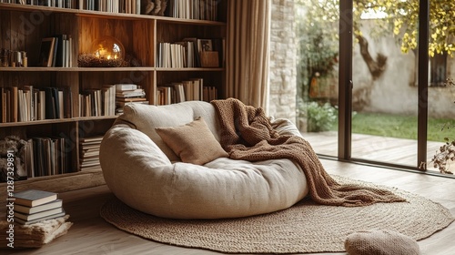 A cozy reading nook in sepia tones, featuring a beige armchair, a warm sepia-colored throw blanket, wooden shelves filled with books, soft glowing light, and a calm ambiance 