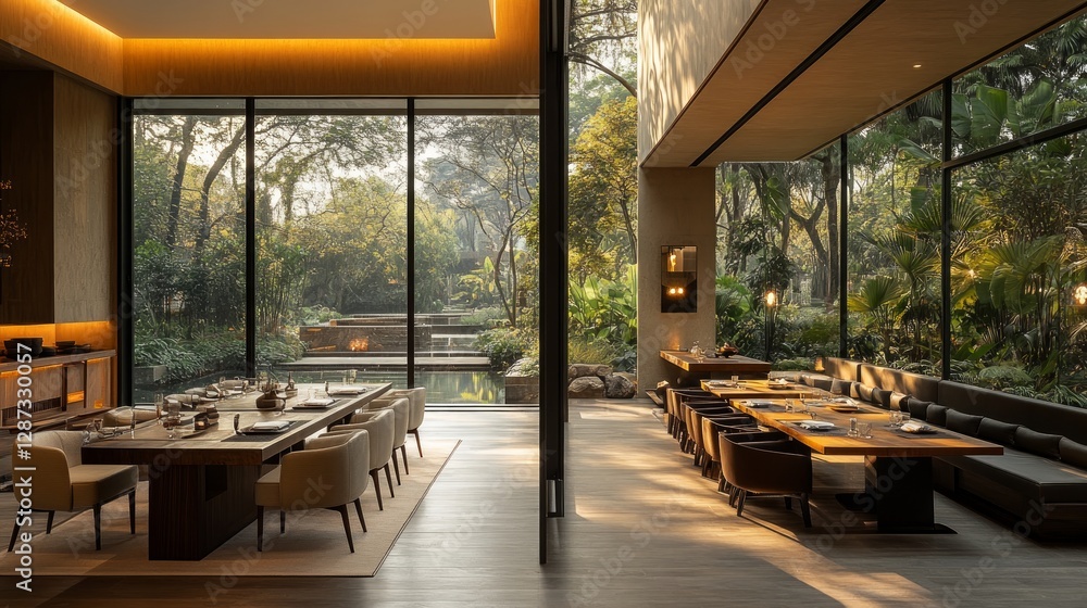 Fototapeta premium A dining area in ochre tones, sleek wooden furniture, ochre accents in table settings, natural light filtering in, and clean, modern lines blending warmth and sophistication 
