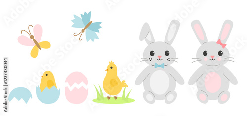 Flat cartoon Easter elements set with two gray bunnies, yellow chicks, butterflies, and cracked eggs. Pastel color palette, cute holiday and spring-themed design for decoration and clipart set