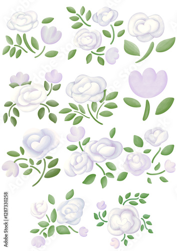 Set Illustration of a small white rose blooming.