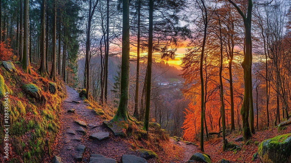 Obraz premium Autumnal forest path sunset landscape, hillside trail