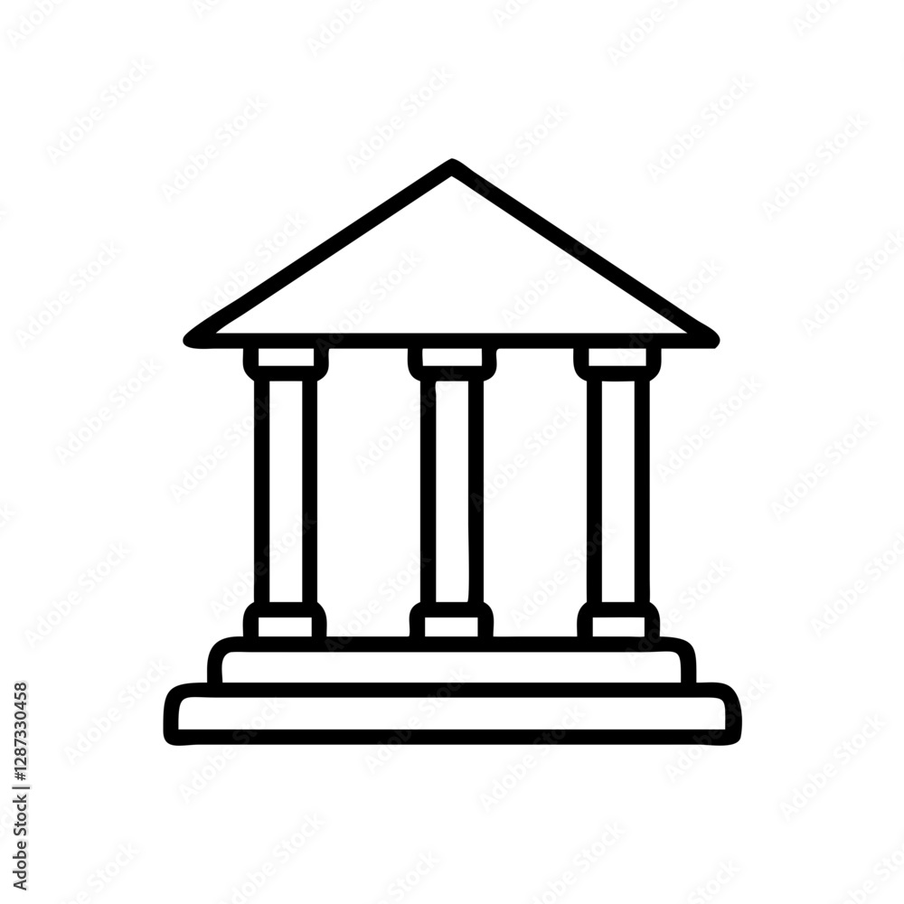 Simple line art icon of a classical bank building with pillars for financial institutions, savings, and investment services. Simple line art icon of a classical bank building with pillars for financial institutions, savings, and investment services.
