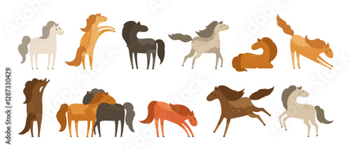 Horses of different color, coloring various poses cartoon set. Flat collection of funny childish pony or mustang. Comic purebred wild stallion. Isolated vector illustration farm character animals art