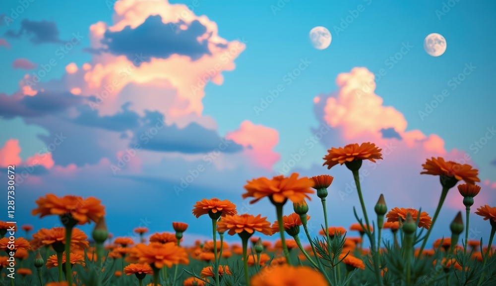 Obraz premium A captivating twilight scene unfolds across a field of vibrant orange marigold flowers, their petals aglow in the soft, fading light.